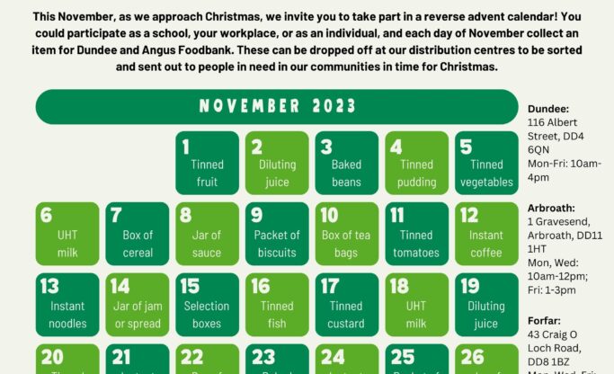 a reverse advent calendar with each day of november assigned a different item in need for the foodbank